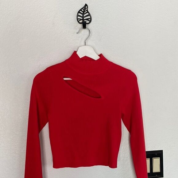 Red Knit Mock Neck Long Sleeve Top - Picture 1 of 5
